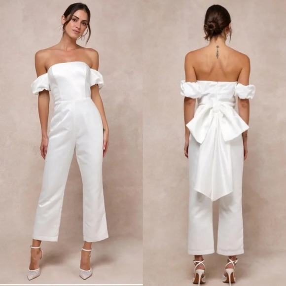 Lulu's Chic Vow White Satin Off-the-Shoulder Bow Jumpsuit Size L Wedding Bridal - Picture 1 of 12